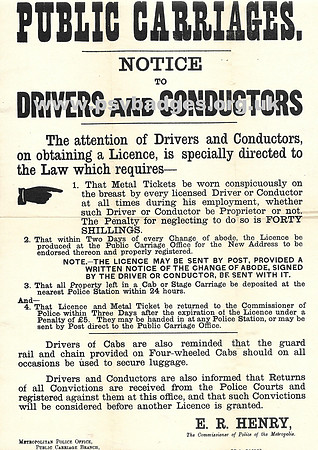 Public Carriage Office Notice to Drivers and Conductors regarding the issue of metal badges 1904