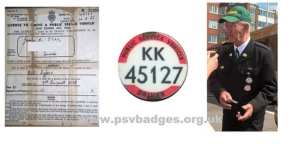 KK 45127 Southdown Driver Jim Still's Drivers licence and badge. See his Conductors badge KK 42252