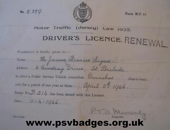 B 214 Jersey Omnibus Drivers licence