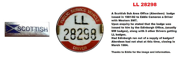 LL 28298 issued to Eddie Cameron 1981 1982. Western SMT Driver.