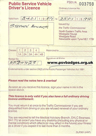 AA 34428 (New style) PSV Driving Licence from 24-01-1989 to 23-01-1994