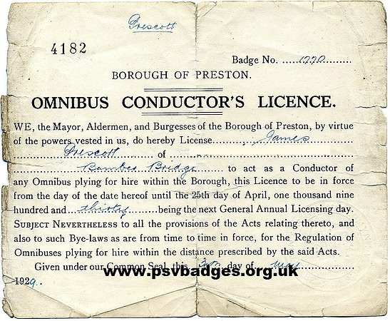 Preston Conductors Licence. Badge number 1770