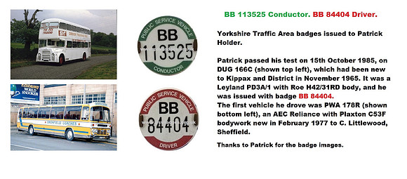 BB 84404 Driver BB 113525 badges issued to Patrick Holder