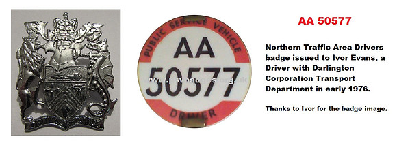 AA 50577 issued to Ivor Evans a Darlington Corporation Transport Driver in early 1976