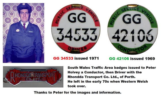 GG 34533 Drv and GG 42106 Cond issued to Peter Holvey of Rhondda Transport.