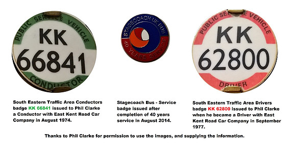 KK 62800 Drivers Badges, and KK 66841 Conductors badge,  issued to Phil Clarke.