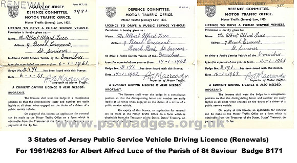 B 171 Jersey licence renewals for 1961 -1962-1963
