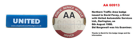 AA 60913 Embossed style badge - faded. Driver David Pavey United Automobile Services, Darlington.