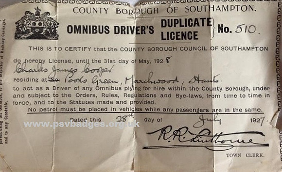 County Borough of Southampton - Omnibus Driver Licence.