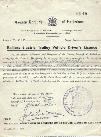 County Borough of Rotherham Trolleybus Drivers Licence. Thanks to Lawrence Jackson for the image.