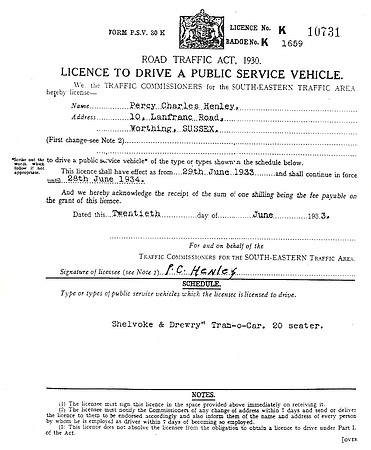 K 1659  Worthing Tramocar PSV Driving licence. These had a tiller instead of a steering wheel.