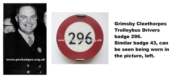 Grimsby Cleethorpes Corporation Trolleybus Drivers badge 296