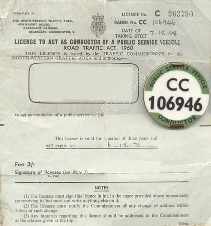 CC 106946 Conductors licence issued in December 1965 to Ken Bates of LCPTD Walton Depot.