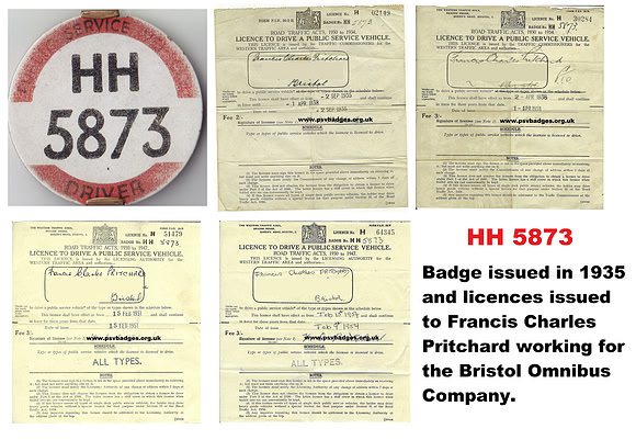 HH 5873 Badge and licences for Francis Charles Pritchard.