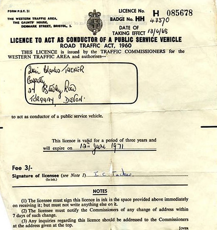 HH 43370  Conductors licence issued to Devon General Conductor Iain Tucker on 13/06/1968.