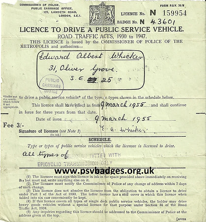 N 43601 PSV Driving Licence Any type with Epicyclic transmission Edward Albert Whicker