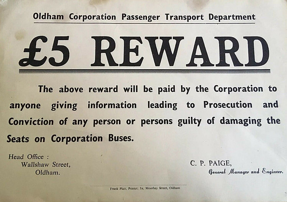 Notice Oldham Corporation Passenger Transport Department £5.00 reward for reporting damage to seats.