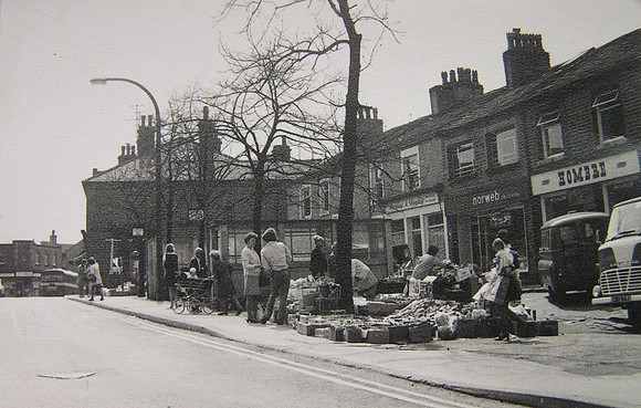 NWRCC bus in Uppermill, High Street 1970s Market Day