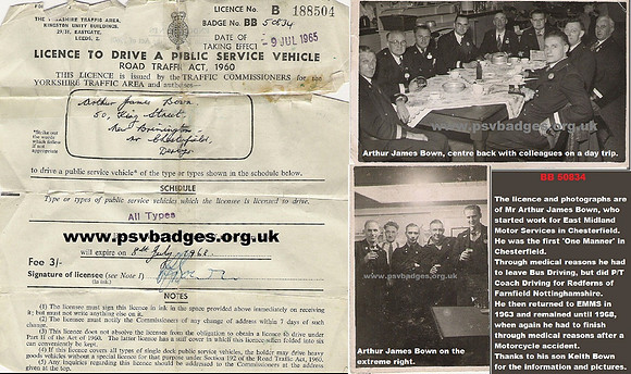 BB 50834 Arthur James Bown Licence and photos.