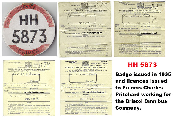 HH 5873 Badge and licences for Francis Charles Pritchard.