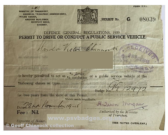 GG 12972 Conductors Wartime Defence permit valid for 2 years issued 22nd November 1945
