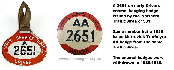 A 2651 a c1931 issue enamel hanging badge and AA 2651 a 1935 issued Metrovick Traffolyte badge.