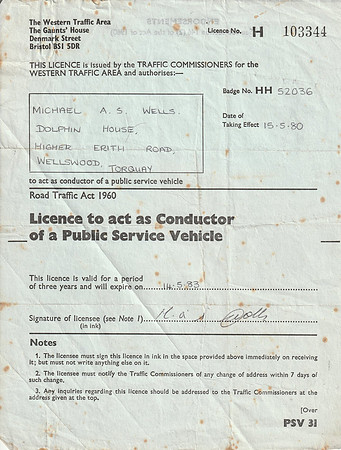 HH 52036 licence issued 15th May 1980. One of the last Conductors badges issued from this area.