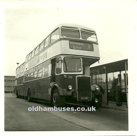 103 HBU a PD3/5 with Roe H41/32F bodywork, seen here in Ashton Bus Station working a service 9 to Rochdale.New in April 1964 the batch (101-110) were the first to be fitted from new with the metal fle