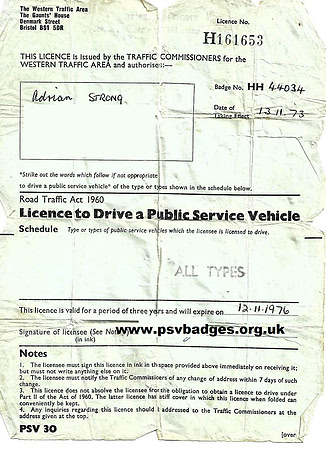 HH 44034 Drivers Licence issued to Adrian Strong on 13th November 1973